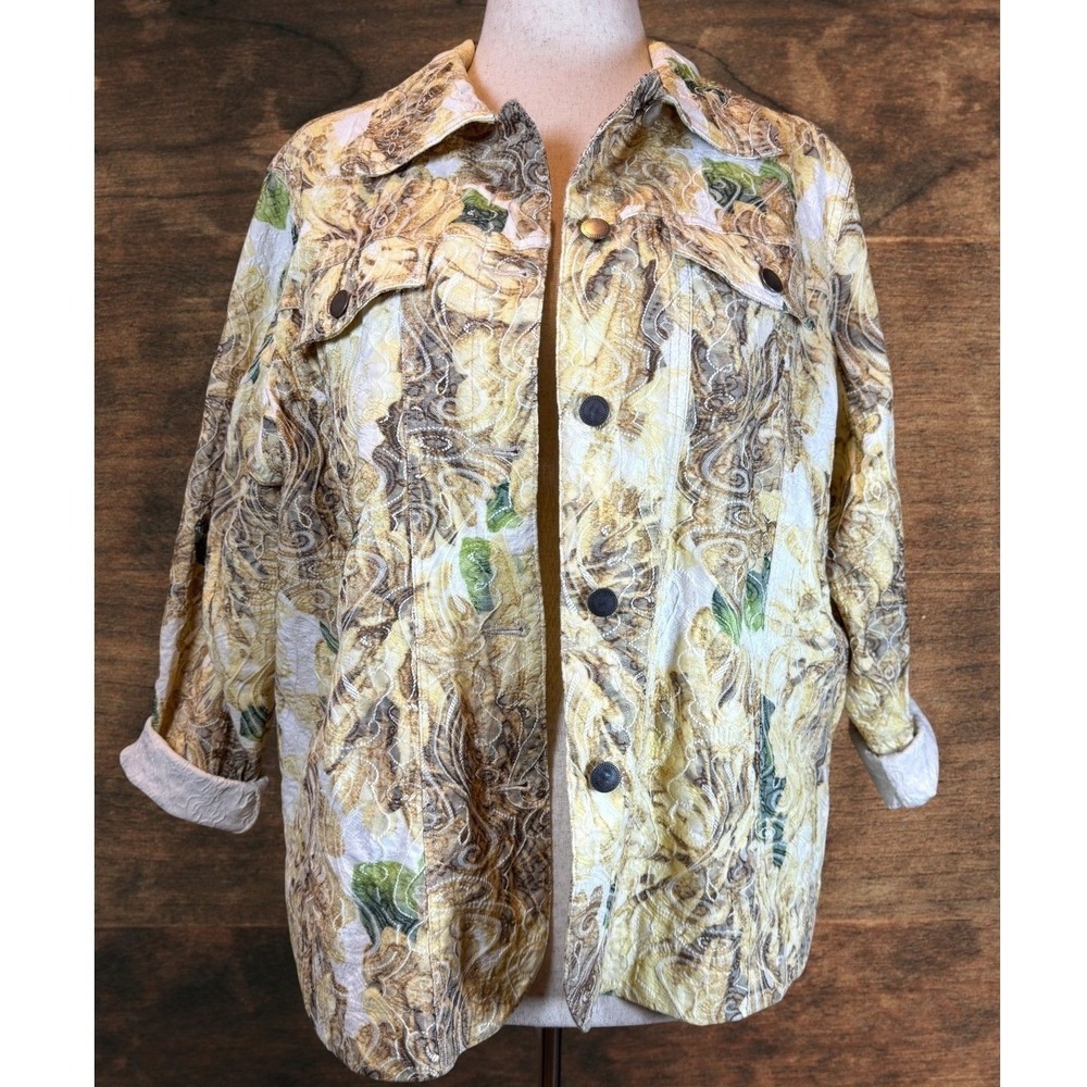 Embroidered Tapestry Print Stretch Trucker Jacket XL Boho Artwear Earth Tones